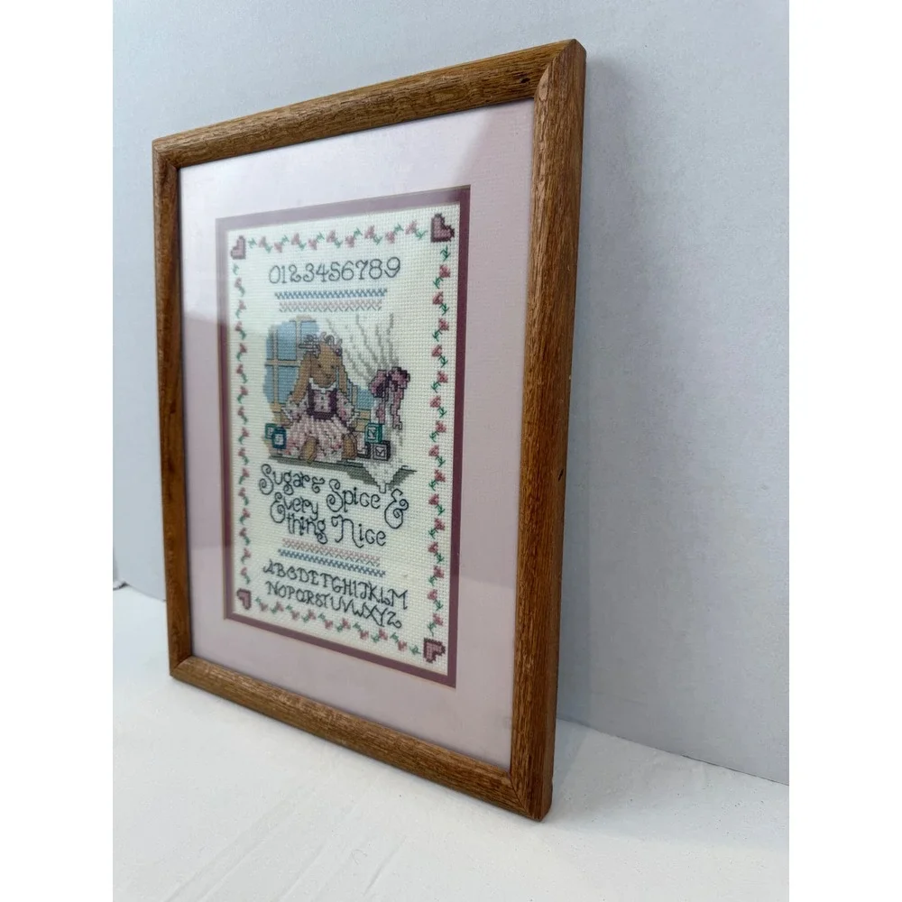 Vintage Framed Cross Stitch Sampler‎ Sugar & Spice Bunny Rabbit Nursery Wall Art